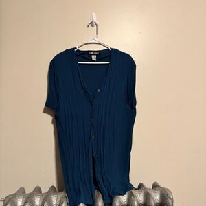 Sage Harbor Teal Blue Button Down Short Sleeve Top Extra Large XL